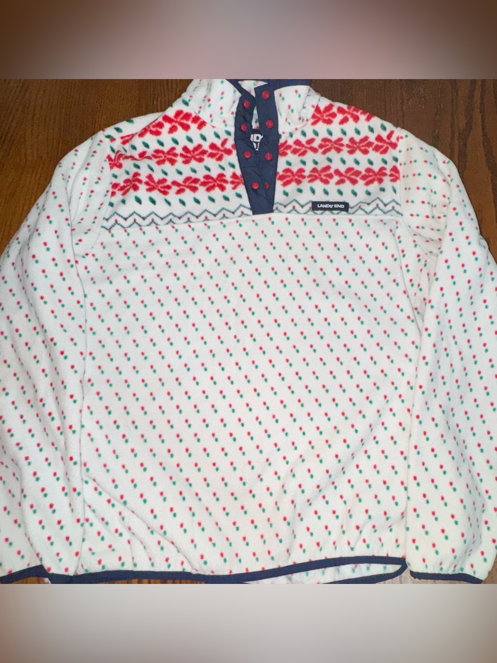 Lands’ End Women’s Large Christmas Fleece Snap Pullover Holiday Fair Isle Sweats